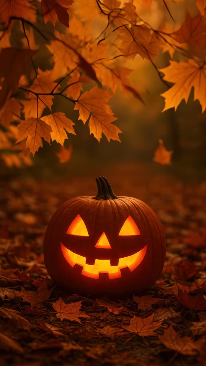 A low-angle video shot of a glowing jack-o'-lantern surrounded by vibrant autumn leaves