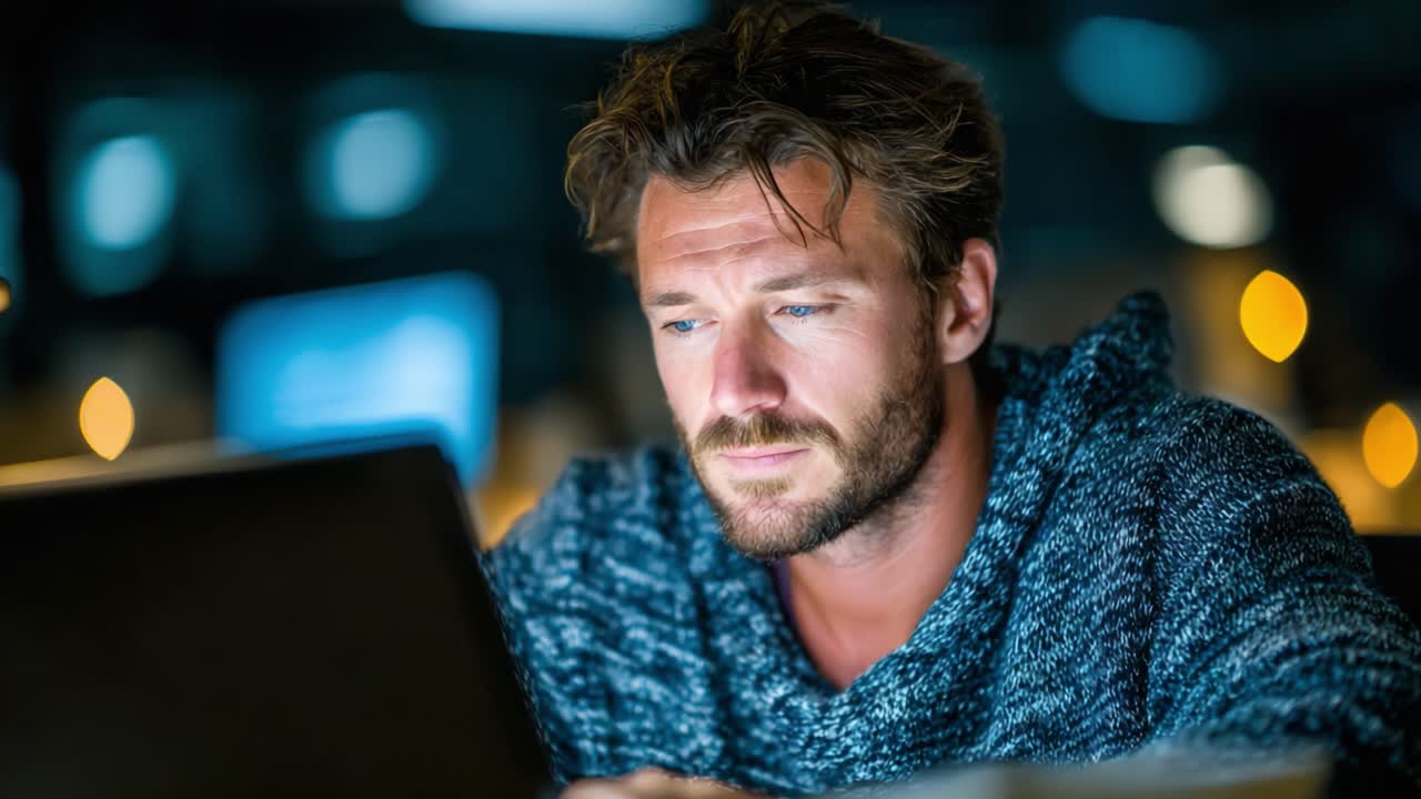 Focused Individual Working Late on Laptop in Dimly Lit Room, Deep in Thought as He Engages with Digital Content and Collaborates Remotely