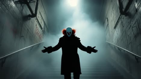 mysterious figure in a foggy stairwell dramatically gestures with outstretched arms