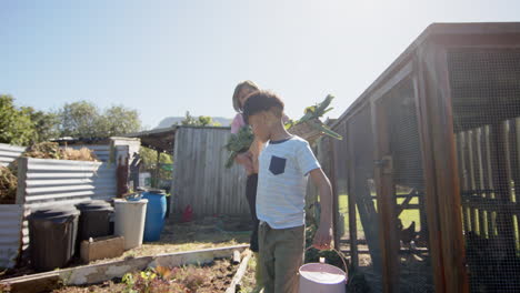 Senior-biracial-grandmother-and-grandson-holding-basket-with-vegetables-in-sunny-garden,-slow-motion