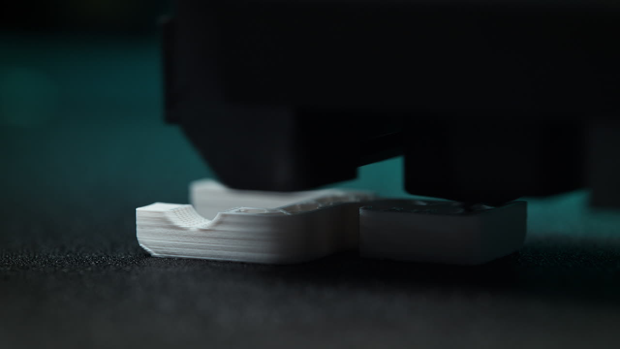 3D Print Created From White Thermoplastic Filament Extruded From The Nozzle of an FDM 3D Printer in Macro