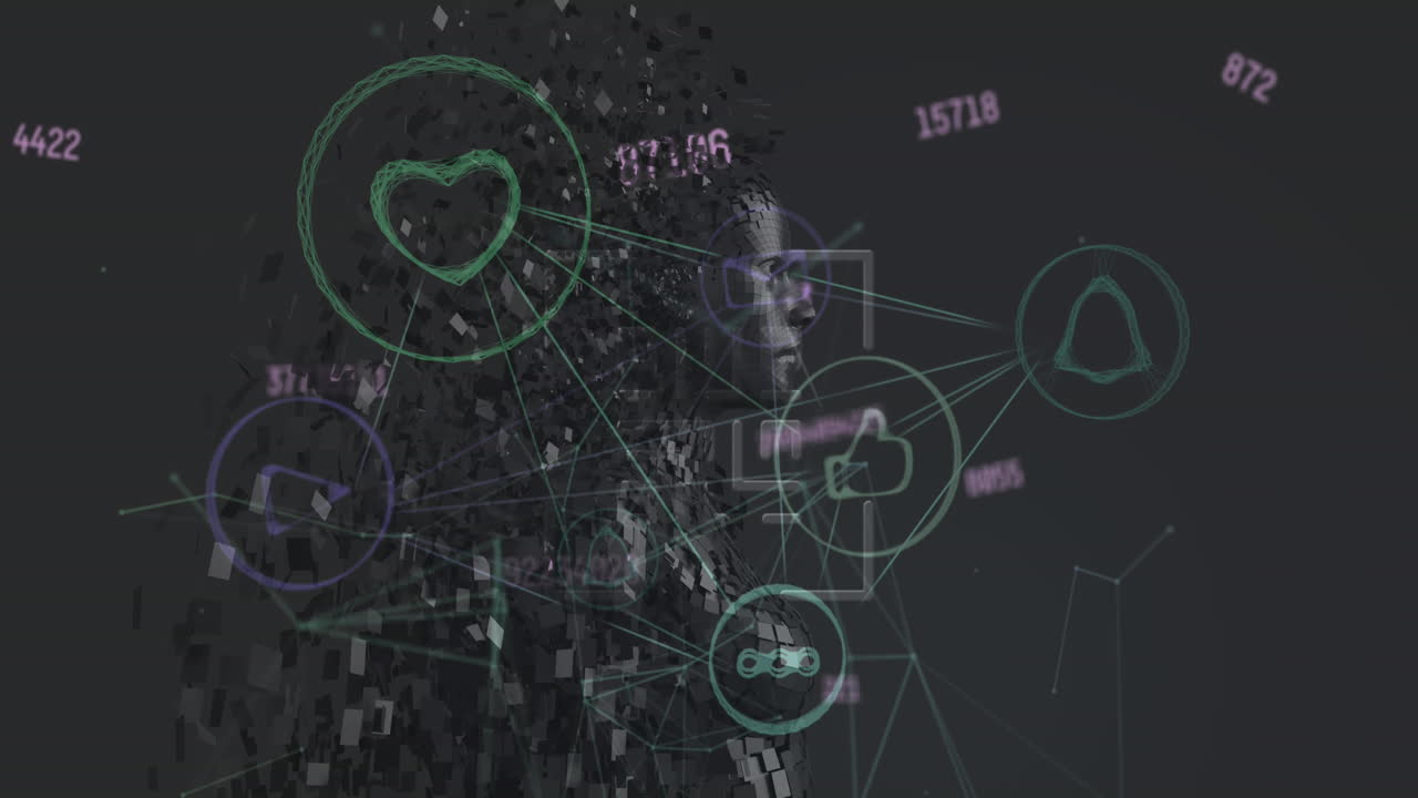 디지털 인간 모델을 통해 아이콘으로 데이터 처리 및 연결 네트워크의 애니메이션