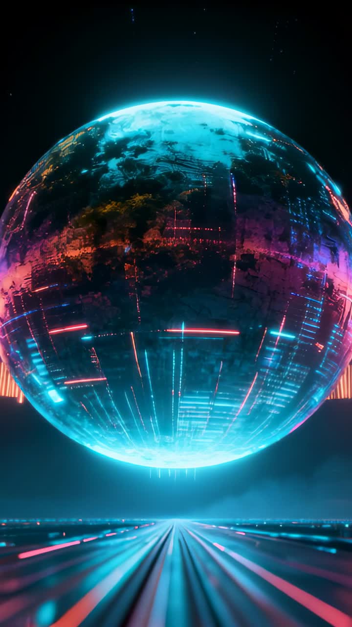 Vertical video: Sequence starting, hologram globe rotating over neon runway, pulsing cyan city data