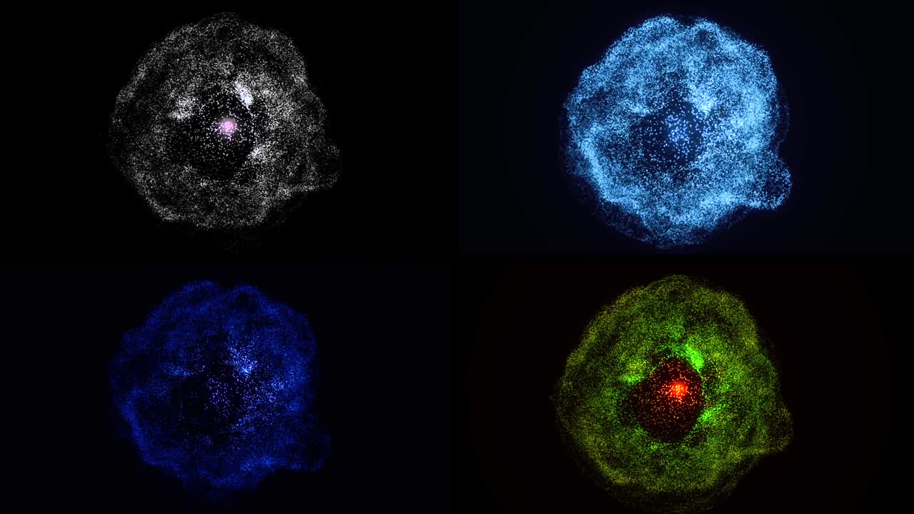 Amazing four clouds of small particles and the white light in the middle of them spreading all over the screen. Animation. Star explosion in space on black background