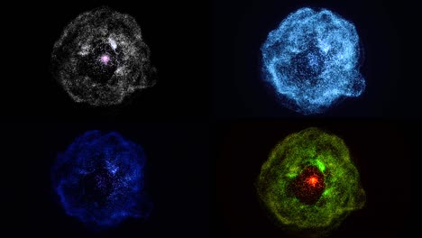 amazing four clouds of small particles and the white light in the middle of them spreading all over the screen. animation. star explosion in space on black background