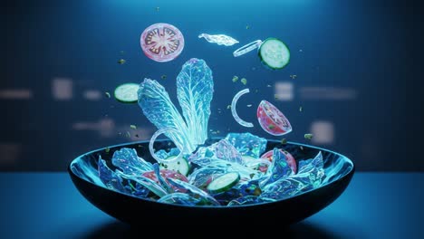 a stunning visual of a floating salad composition, featuring lively vegetables like lettuce, tomatoes, and cucumbers suspended in mid-air against a vibrant background