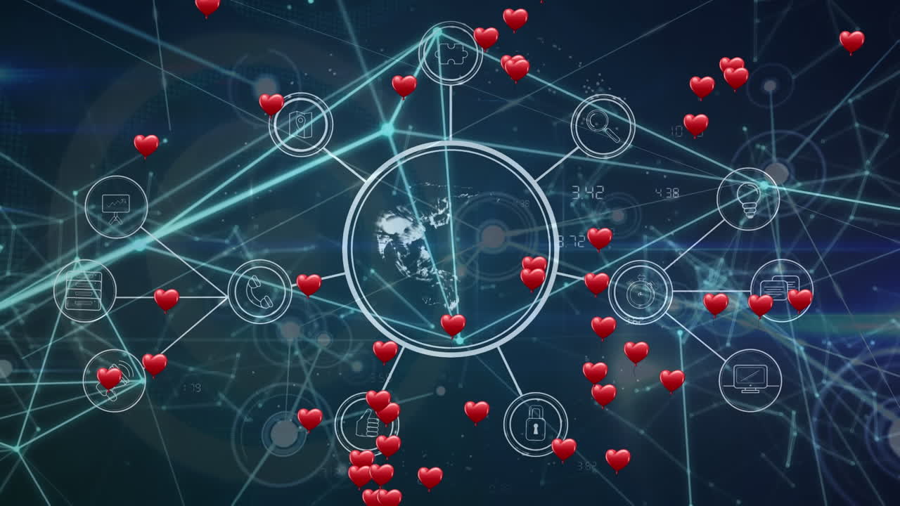 빨간 심장의 애니메이션과 아이콘과 연결의 네트워크