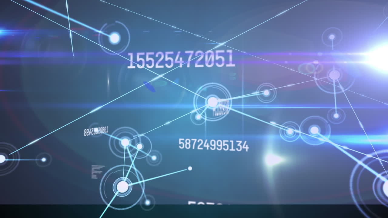 Animation of numbers changing and network of connections over glowing light on purple background