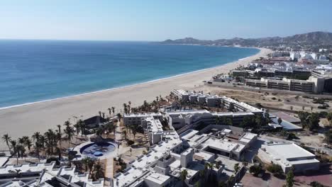 san jose del cabo, mexico panning aerial footage view of resort city on the baja california peninsula, drone shots oceanfront properties and clear ocean blue waters