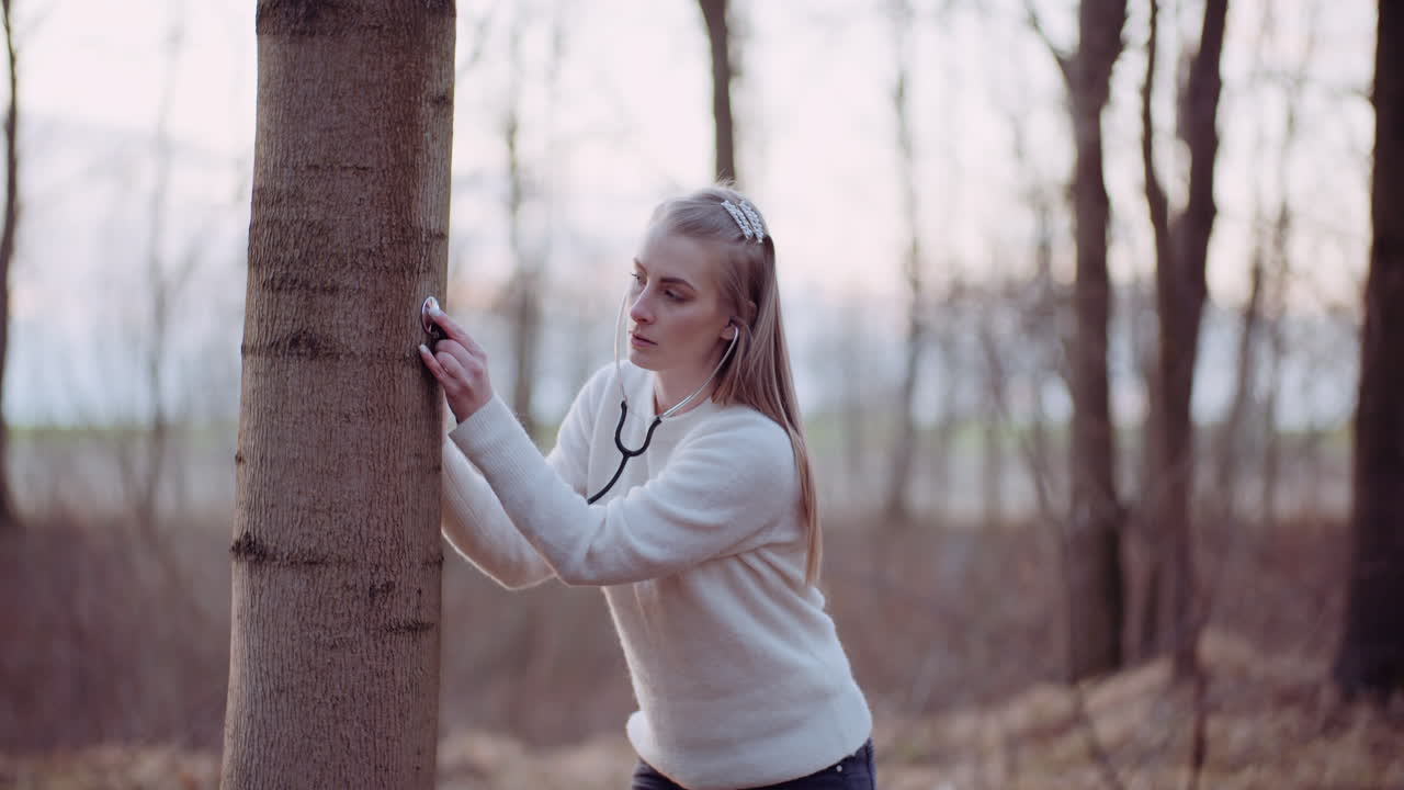 женщина использует стетоскоп и осматривает дерево в лесу 2