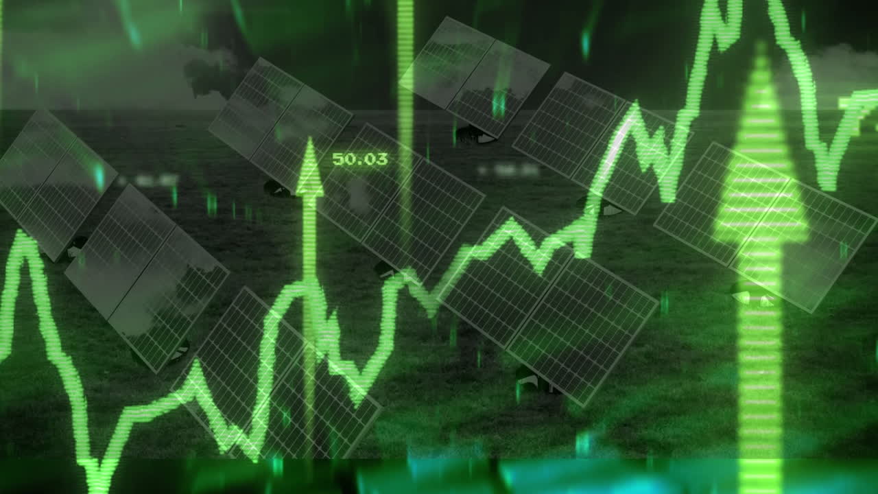 Solar panels tilting on grassy field, with neon green stock graph line rising toward arrow 50