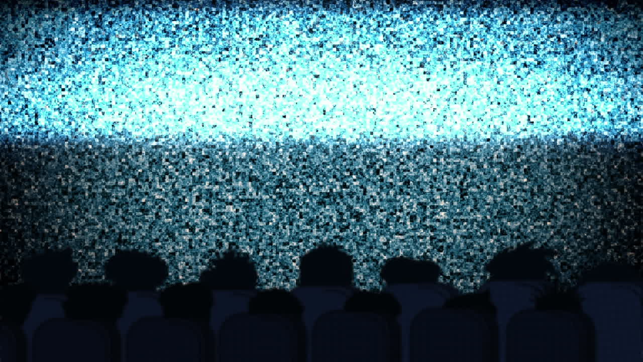 Digital animation shows silhouetted audience in cinema with glitchy background.