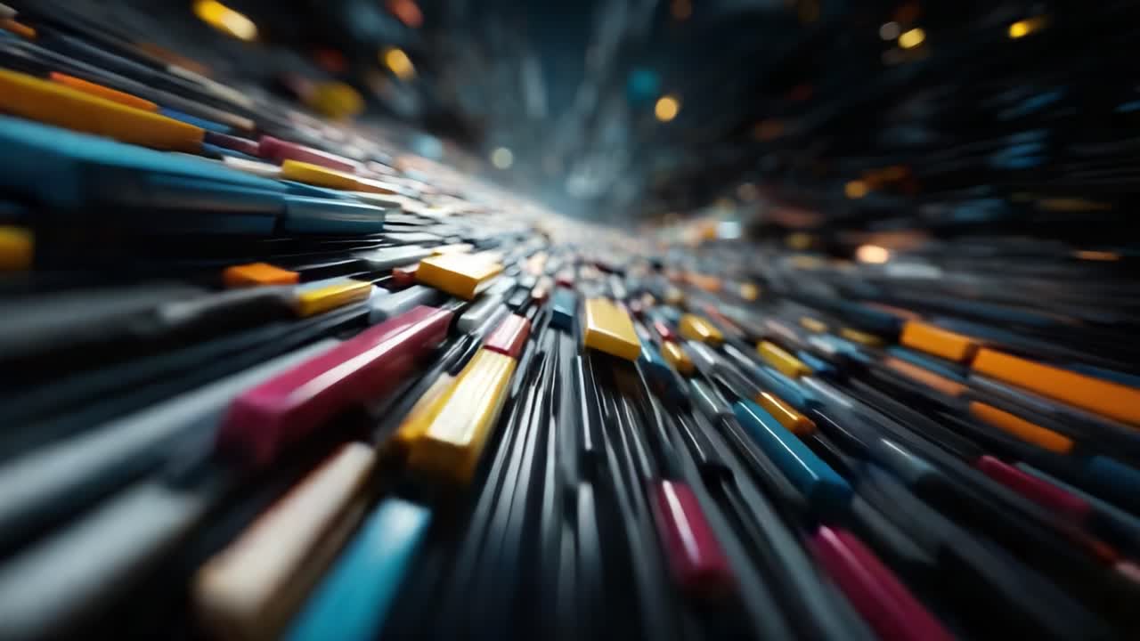 Et dynamisk perspektiv af farverige rektangler i bevægelse, der skaber en visuelt fantastisk scene af hastighed og dybde i et digitalt univers