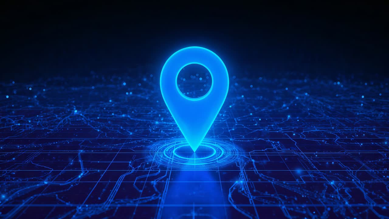 Starting blue pin pulsing, emitting rings and beam to holo grid with nodes, indicating connection