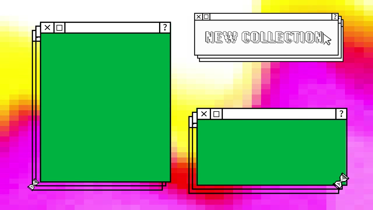 Animation of computer screen windows and new collection text on colorful background