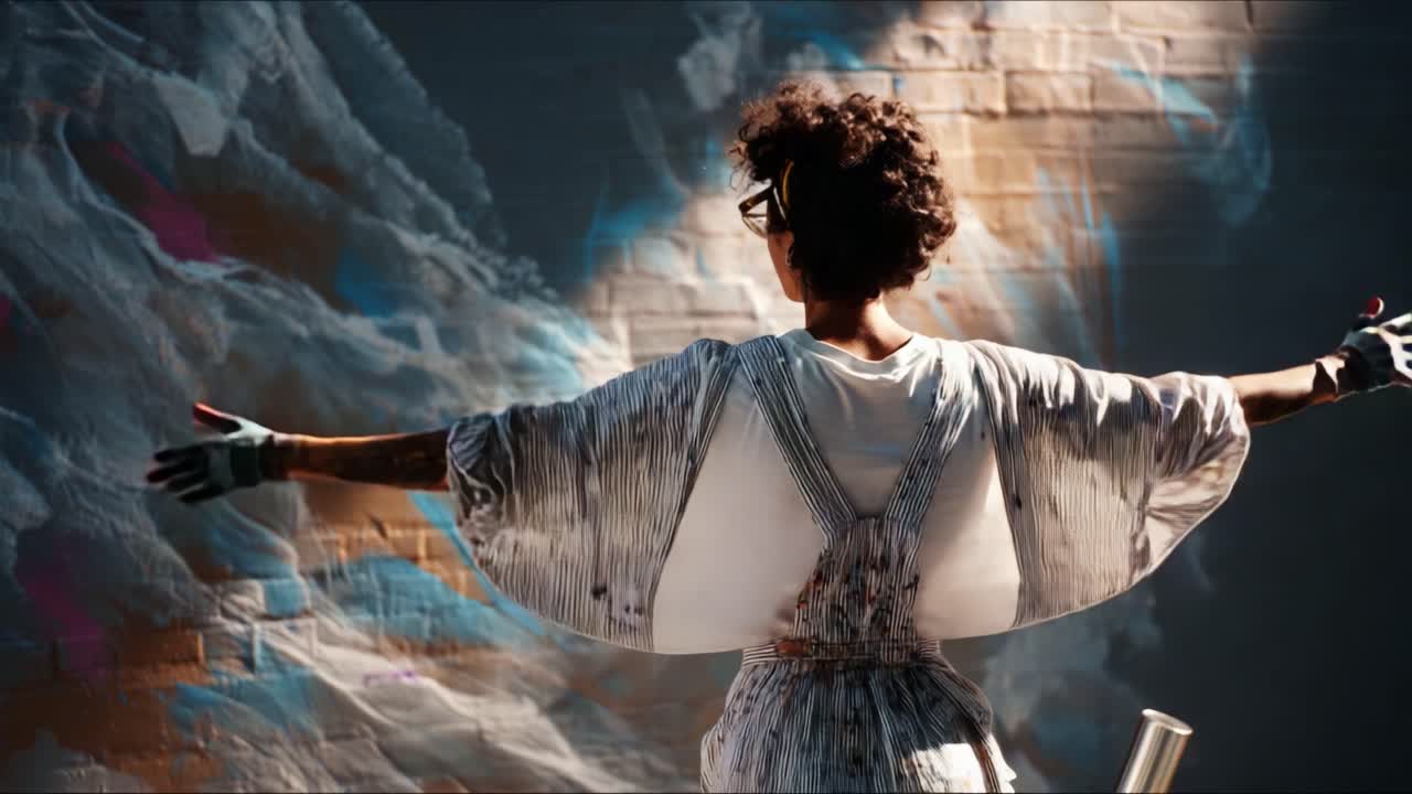 A Creative Individual Embraces Their Artistic Expression While Surrounded by Vibrant Colors in an Urban Mural, Showcasing the Passion Behind Street Art and Personal Style