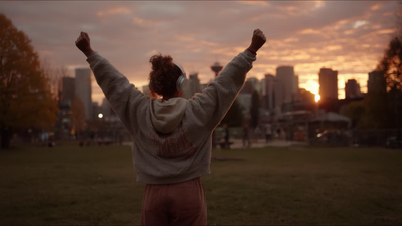 Joyful Celebration of Life: A Person Enjoys a Beautiful Sunset While Listening to Music, Symbolizing Freedom and Achievement in an Urban Park Setting