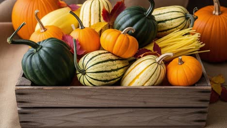 A Vibrant Display of Autumn Gourds: Harvested Pumpkins and Decorative Squash Arranged with Colorful Foliage and Natural Elements for Seasonal Decor