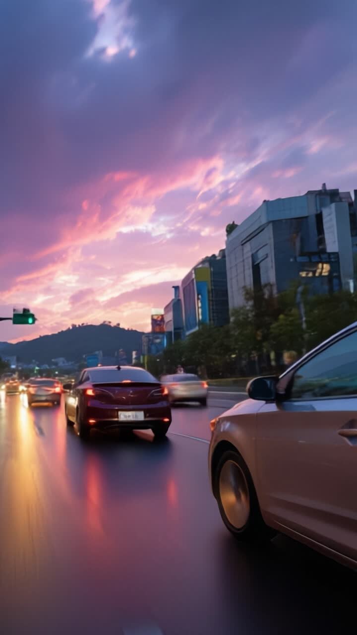 Horizonte vibrante al anochecer: Una vista panorámica del tráfico urbano con cielos coloridos al atardecer iluminando las calles de la ciudad durante el trayecto vespertino.
