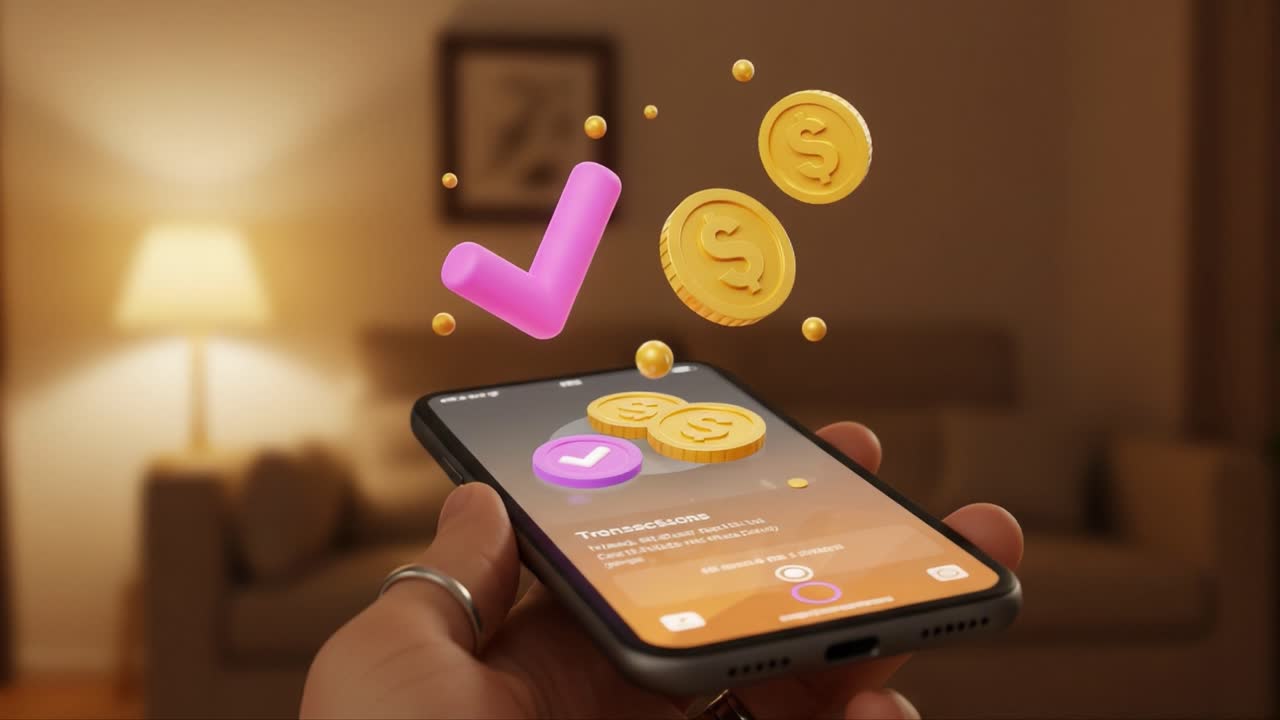 Visualizing a Successful Digital Transaction: A Close-Up of a Mobile Phone with Animated Coins and Confirmation Checkmark in a Cozy Environment