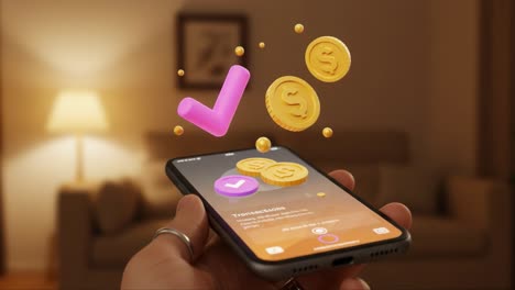 Visualizing a Successful Digital Transaction: A Close-Up of a Mobile Phone with Animated Coins and Confirmation Checkmark in a Cozy Environment