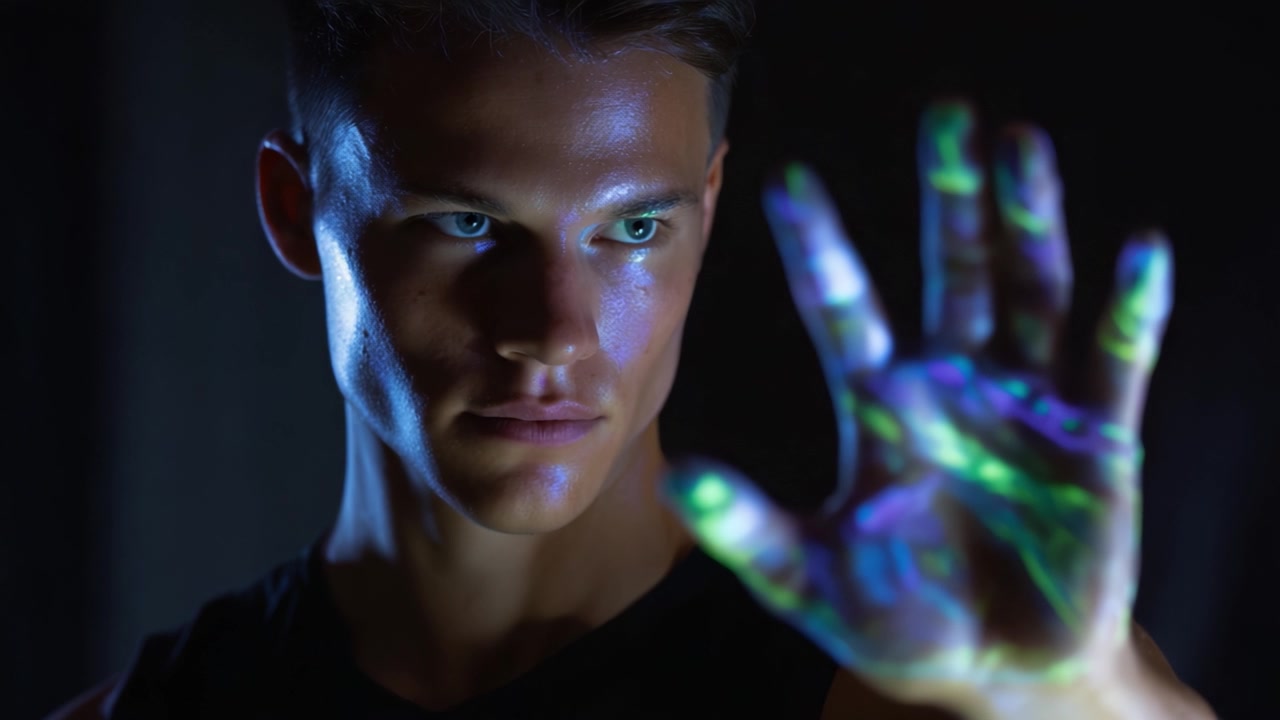 A young man showcasing vibrant ultraviolet hand patterns in a dramatic lighting setting, reflecting a blend of artistry and intrigue in modern aesthetics.