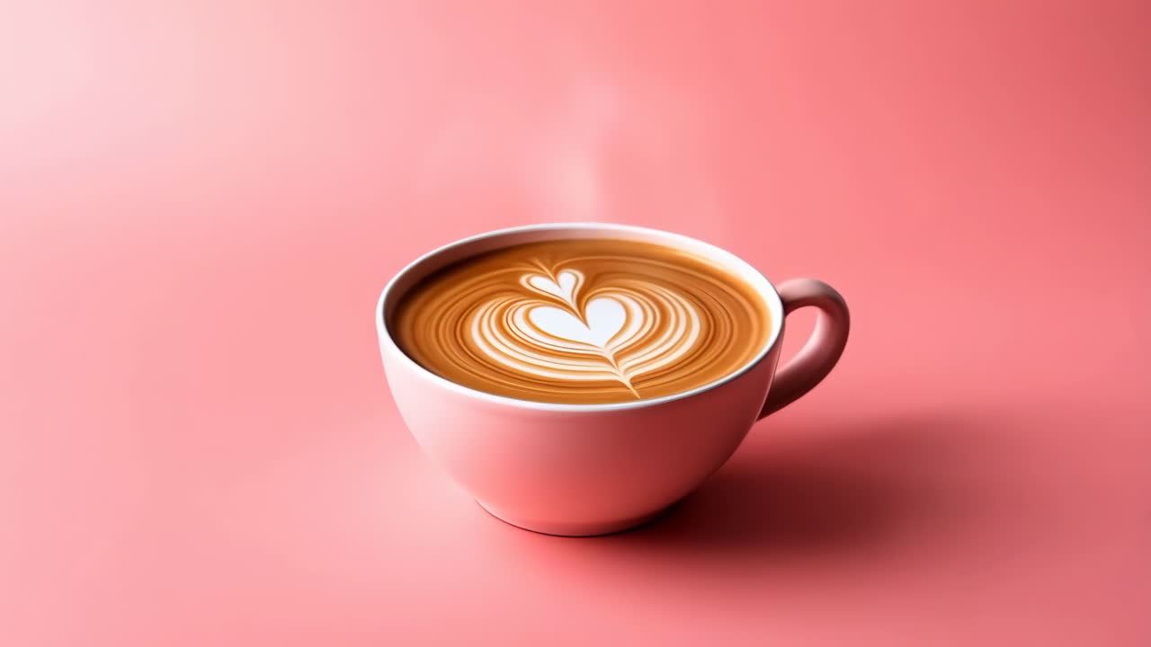 Coffee Latte with Heart Art on Pink Background