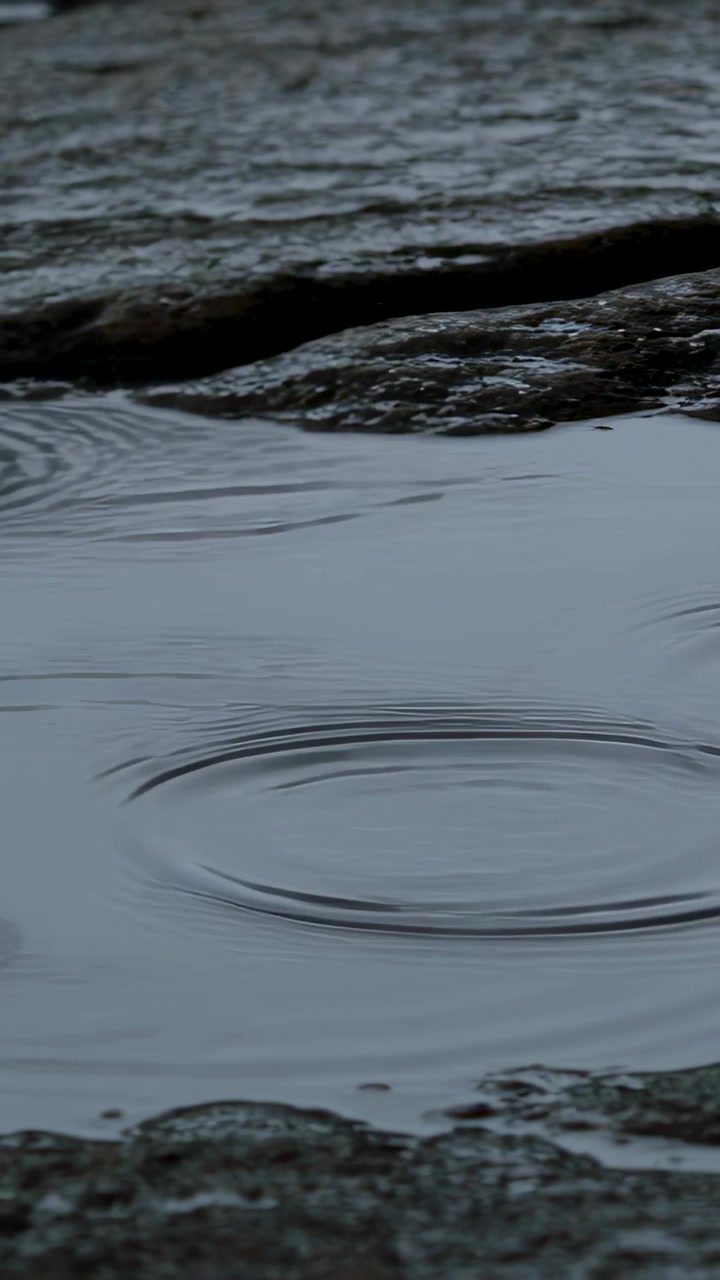 Vertical video: Rippling puddle hit by raindrops on rock ledge, making concentric rings and splash