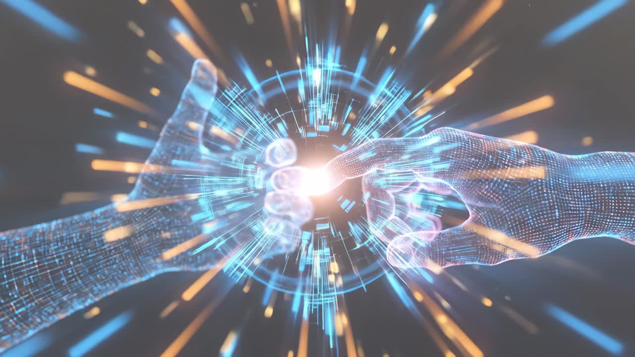 Futuristic Digital Hands Connecting with Energy Burst