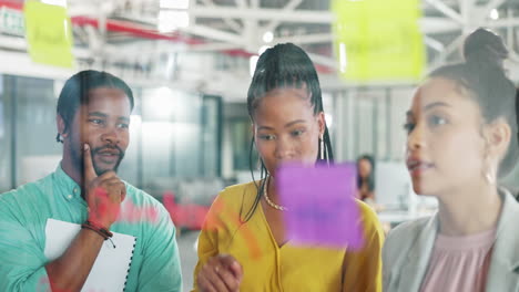 Planning,-tablet-and-African-people-on-glass-board