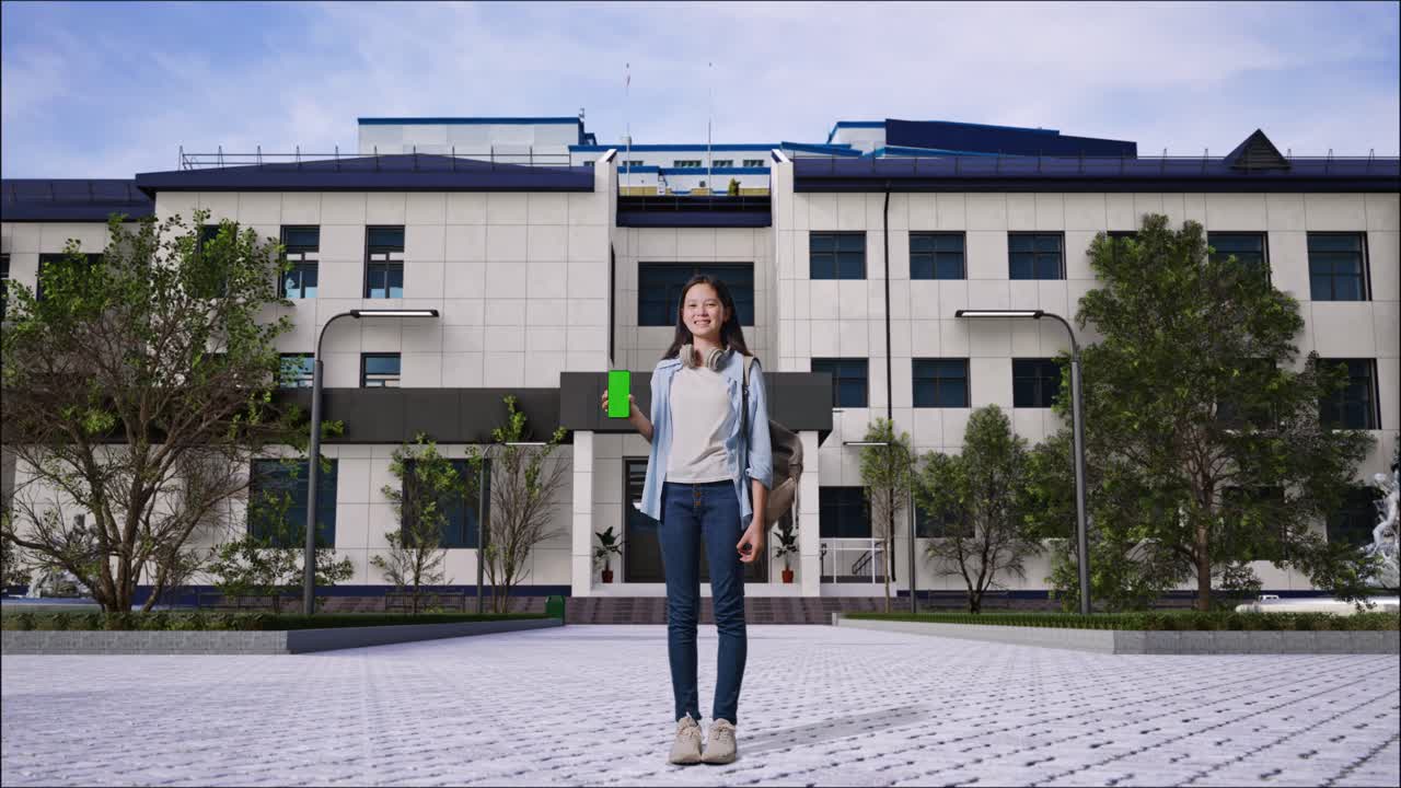 A figura intera di studentessa adolescente asiatica con uno zaino che sorride e mostra uno smartphone con schermo verde alla fotocamera mentre è in piedi davanti a un edificio scolastico.