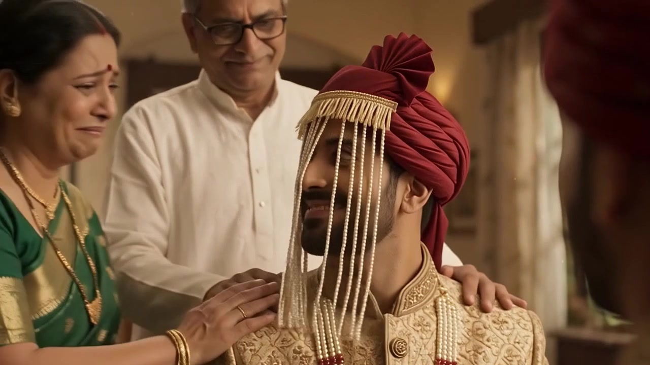 Elderly Parents Preparing Their Son for His Traditional Indian Wedding