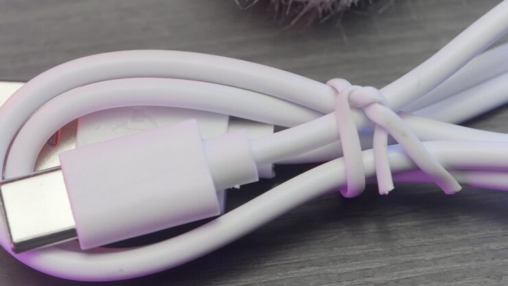 Close-up of a white USB-C cable