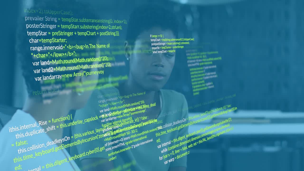 animación del procesamiento de datos sobre diversas personas de negocios hablando en la oficina