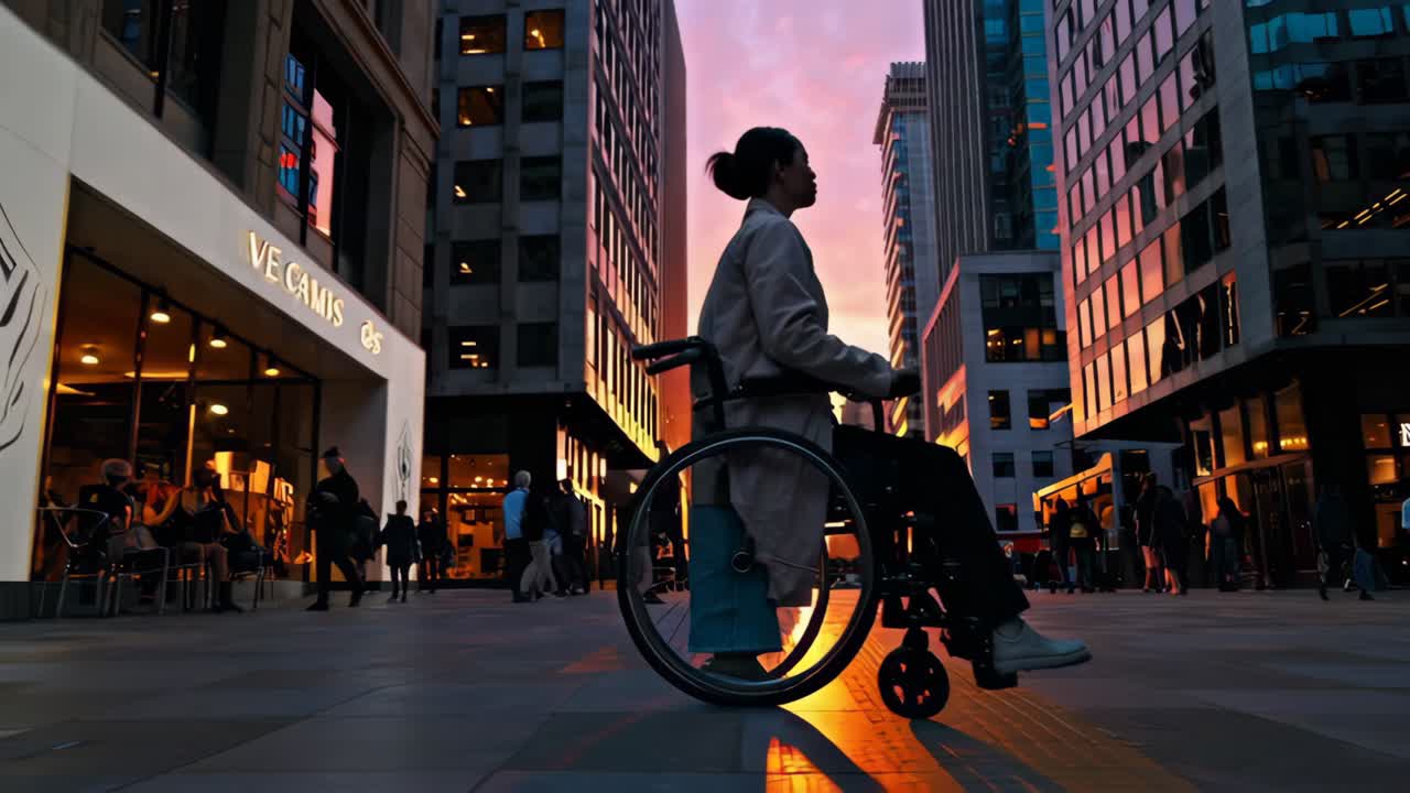 paisaje urbano al atardecer con persona en silla de ruedas