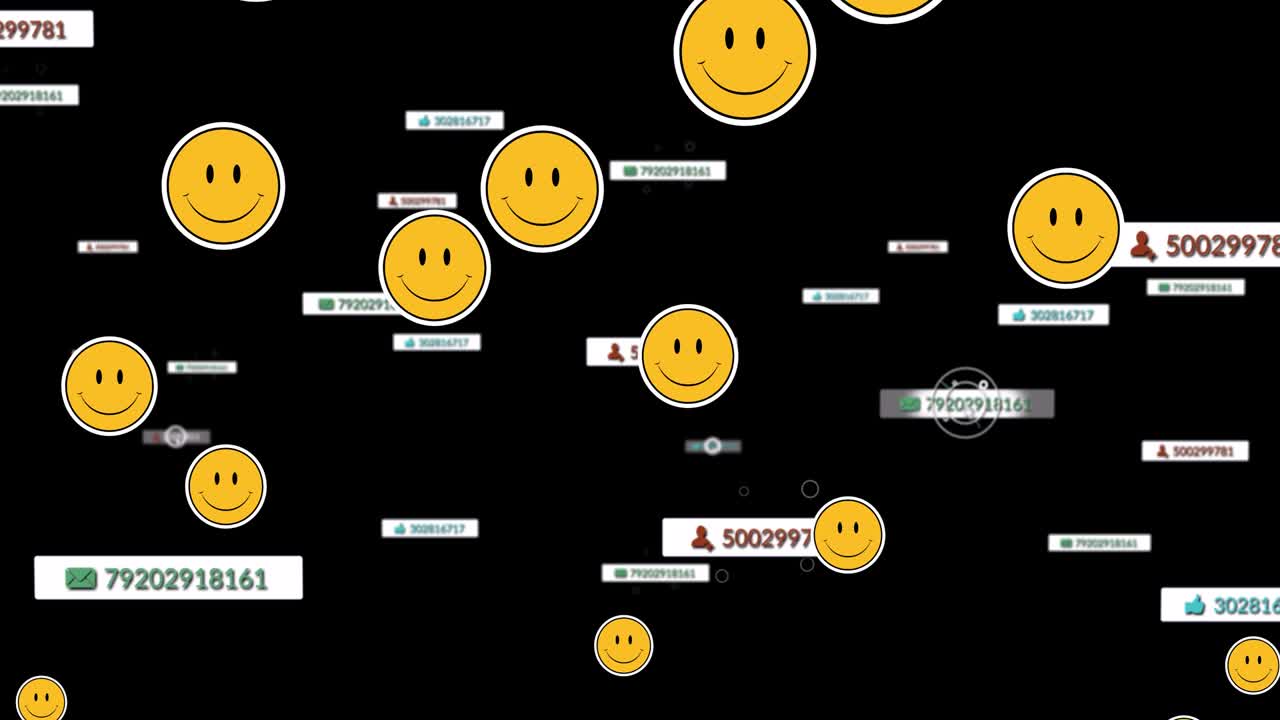 어두운 배경 위에 떨어지는 소셜 미디어 아이콘과 이모지 애니메이션