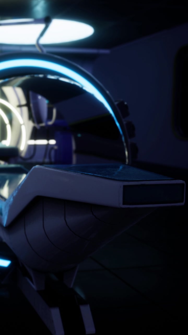Design futuristico degli interni di un'astronave con luci brillanti e linee eleganti.