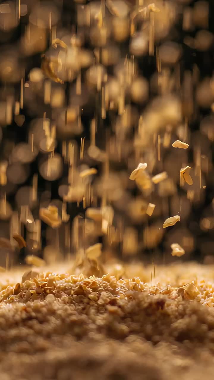 Vertical video: Falling stream of gold seeds building center mound on tray in studio making ridges