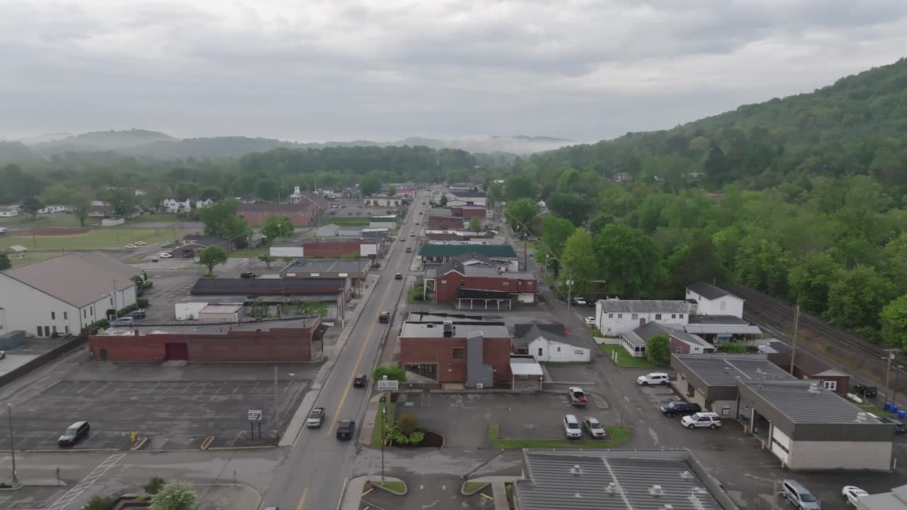 Aerial Rocky Top Tennessee right to left Main street