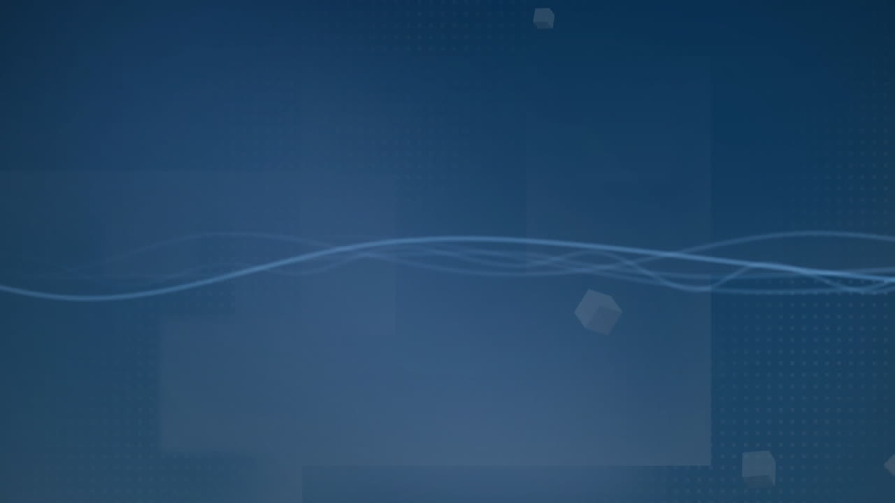 어두운 파란색 배경에 굴러가는  큐브와 함께 반이는 파란색 선의 애니메이션