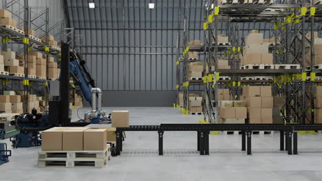 animación de robots y drones que trabajan en el almacén