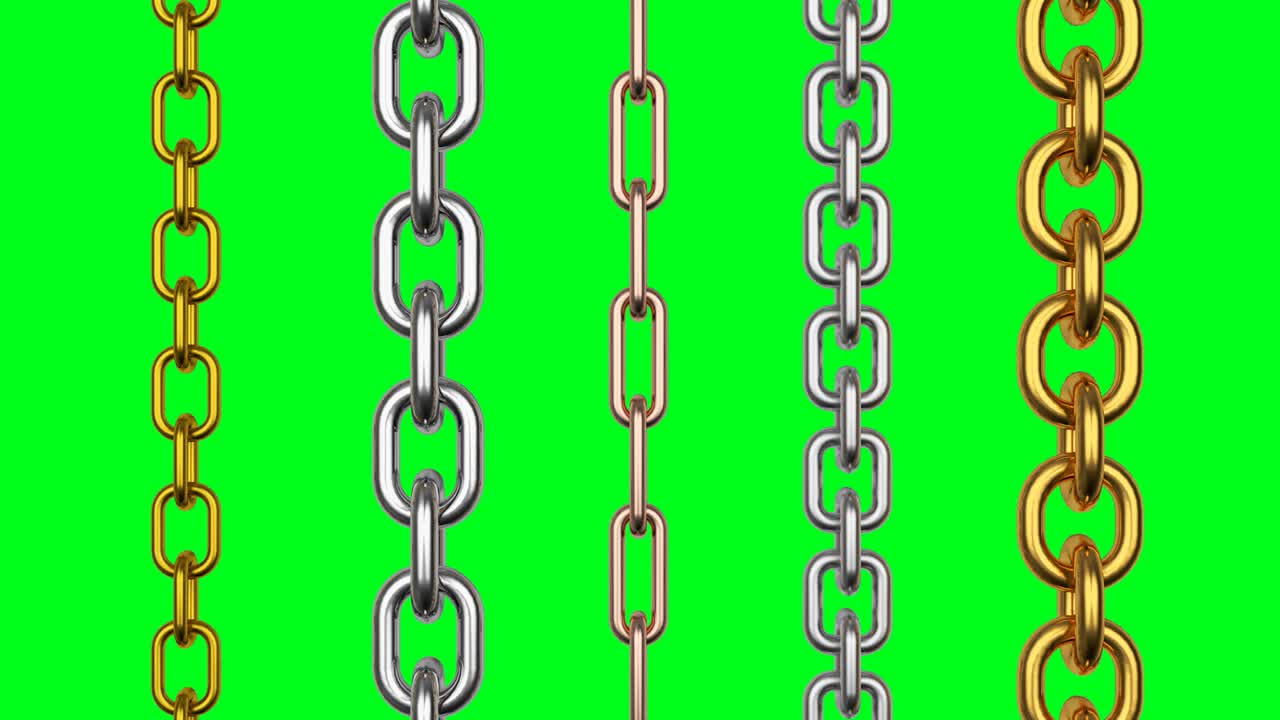 animación en 3d de cadenas metálicas girando en una pantalla verde. 4k