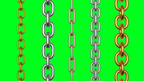 animación en 3d de cadenas metálicas girando en una pantalla verde. 4k
