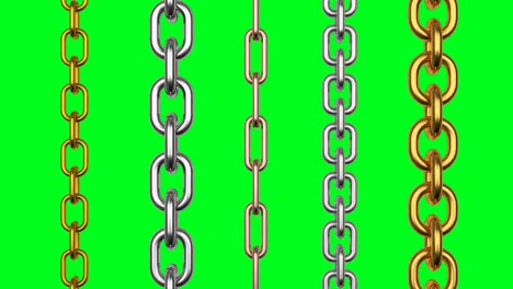 3d animation of metal chains rotating on a green screen. 4k