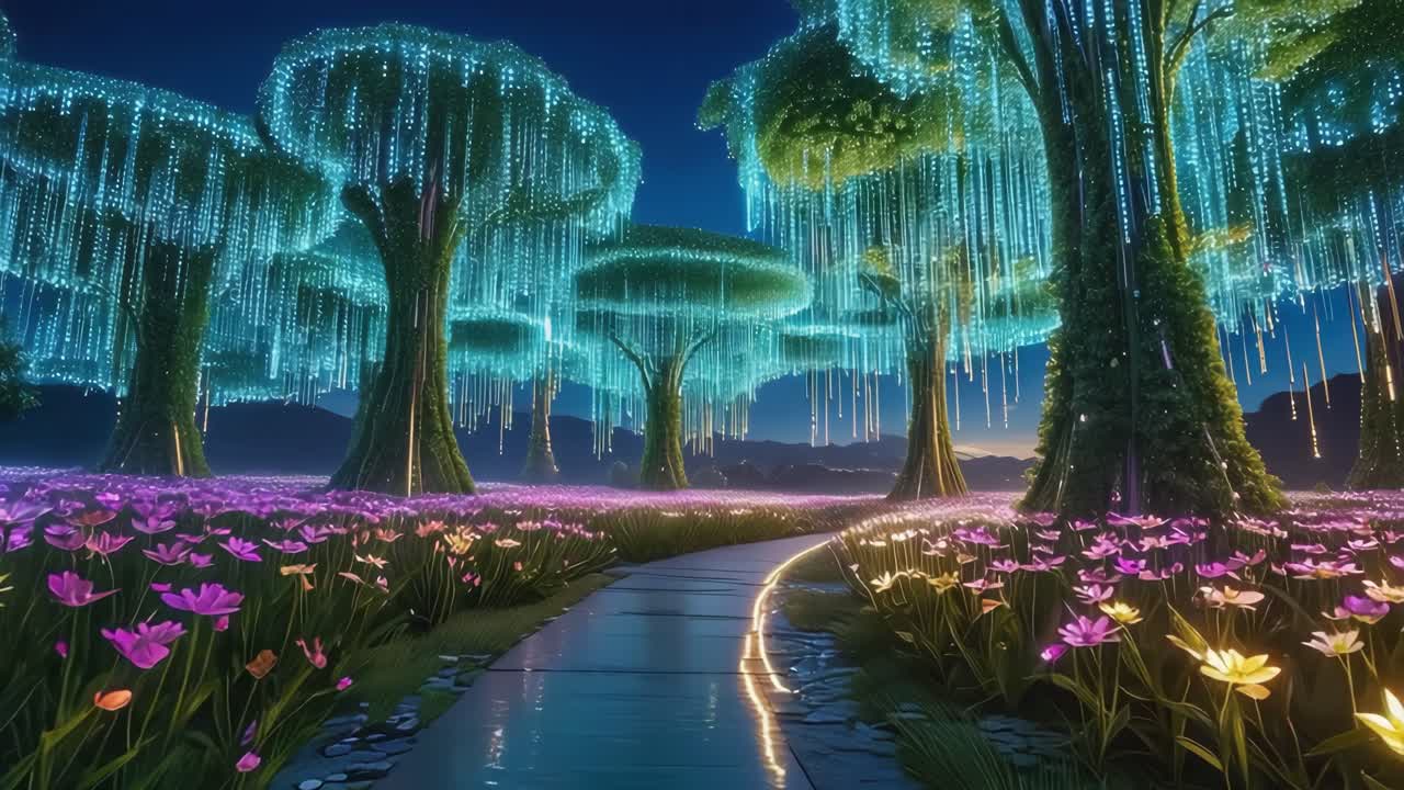 Enchanted Forest with Bioluminescent Trees and Glowing Path