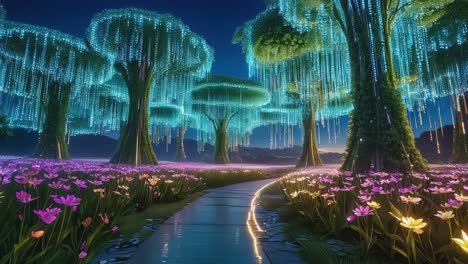 enchanted forest with bioluminescent trees and glowing path