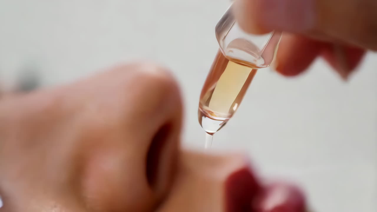 Close-up view of a woman's eye with red eye and potential eye drops