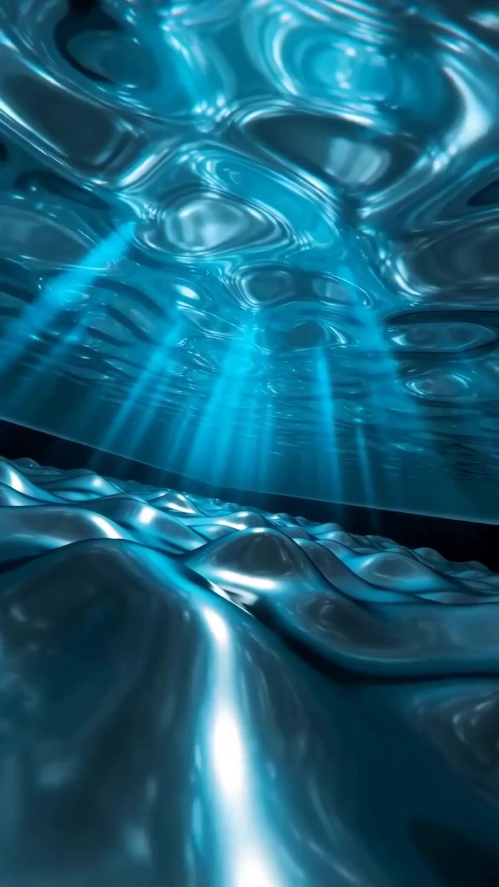 Sequenza temporale che mostra un materiale lucido color turchese, simile a un liquido, che si rivela e si espande progressivamente dalle prime increspature a onde ampie quasi finali.