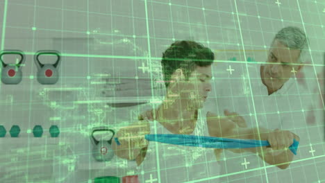 Man exercising with resistance band over digital fitness data animation