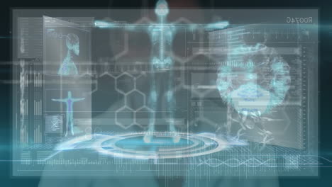 animation of screen with human body, dna strand spinning and medical data processing